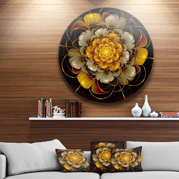 Dark Gold Fractal Flower - Floral Round Metal Wall Art